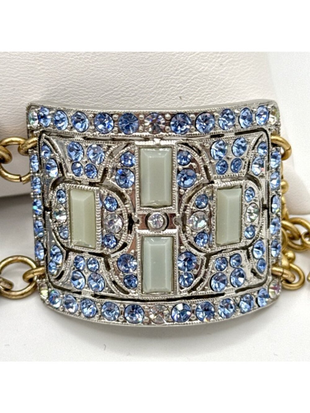 Lulu Frost for J Crew Bracelet Panel Ice Blue Rhinestones Antiqued Gold Chain - Picture 3 of 12
